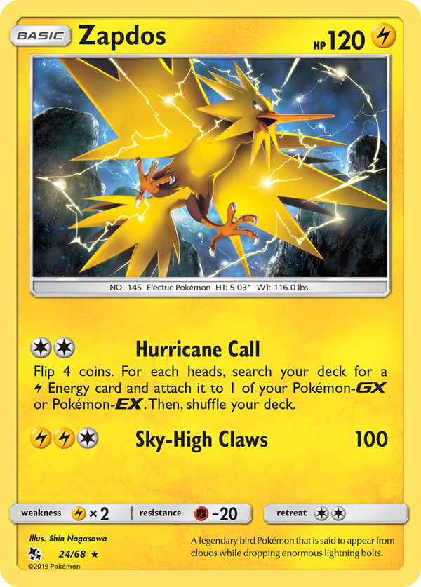 Zapdos (Hidden Fates SET) (Pokémon) (Basic) (Lightning) (HP: 120) (Rare Holo) (PKM Hidden Fates SET-17)