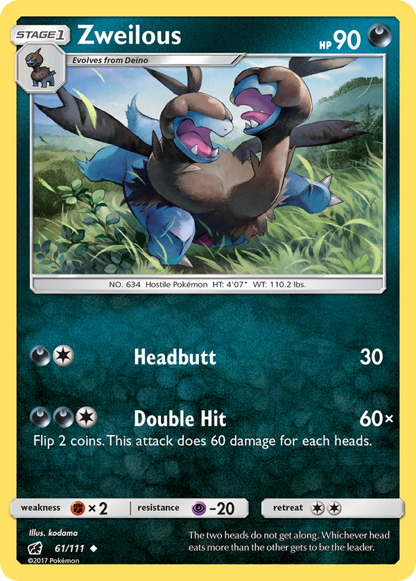 Zweilous (Crimson Invasion SET) (Pokémon) (Stage 1) (Darkness) (HP: 90) (Uncommon) (PKM Crimson Invasion SET-83)