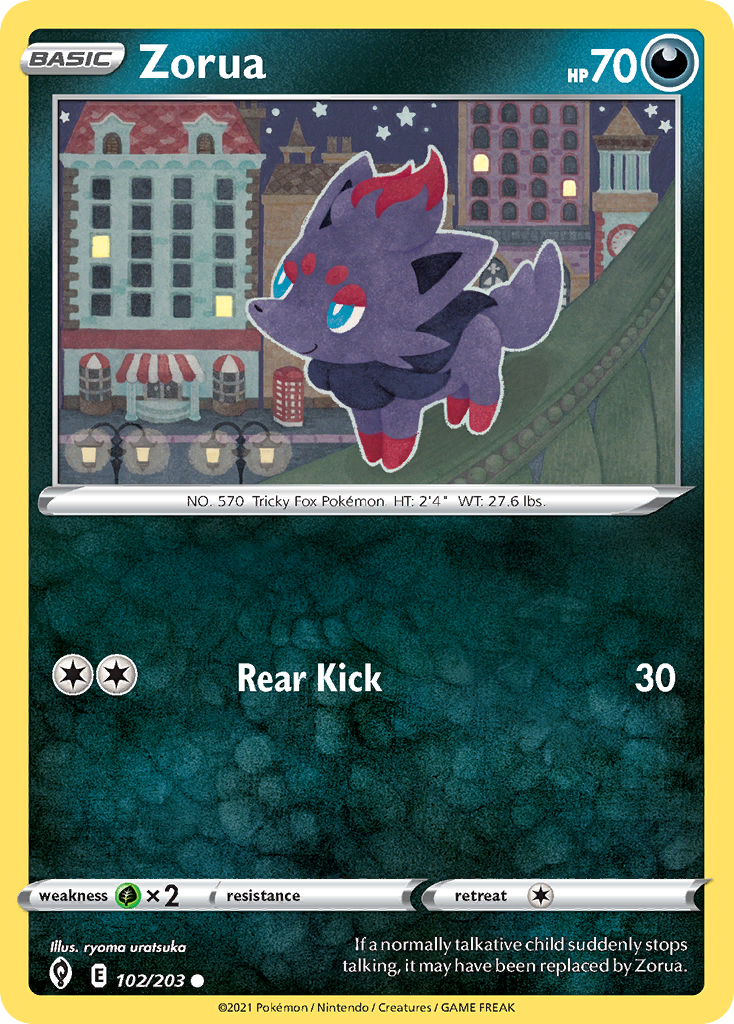 Zorua (Evolving Skies SET) (Pokémon) (Basic) (Darkness) (HP: 70) (Common) (PKM Evolving Skies SET-5)