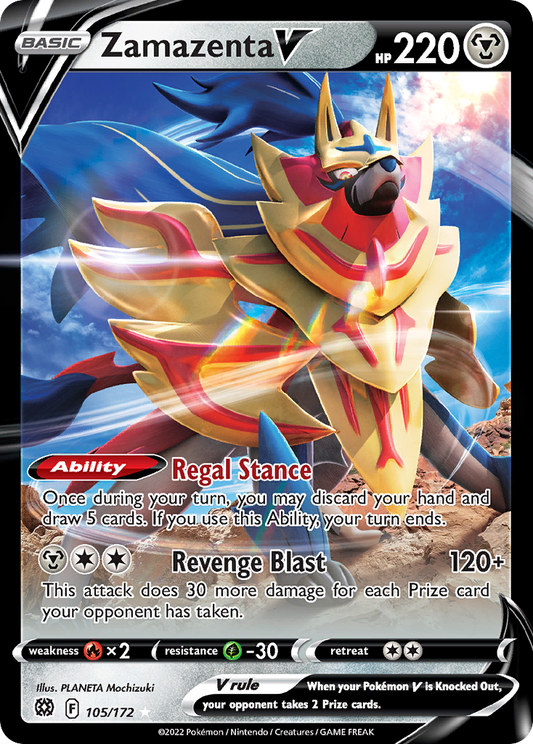 Zamazenta V (Brilliant Stars SET) (Pokémon) (Basic, V) (Metal) (HP: 220) (Rare Holo V) (PKM Brilliant Stars SET-8)
