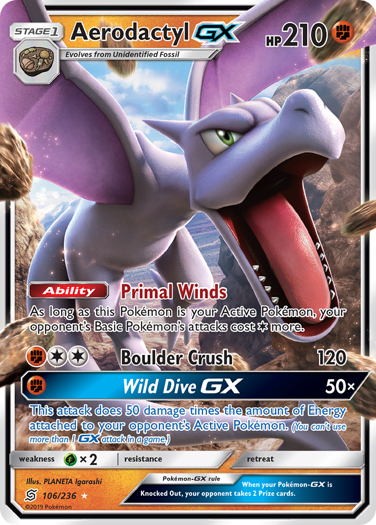 AerodactylGX (Unified Minds SET) (Pokémon) (Stage 1, GX) (Fighting) (HP: 210) (Rare Holo GX) (PKM Unified Minds SET-9)