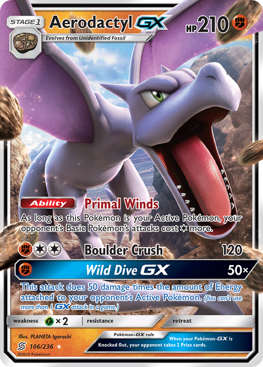 AerodactylGX (Unified Minds SET) (Pokémon) (Stage 1, GX) (Fighting) (HP: 210) (Rare Holo GX) (PKM Unified Minds SET-9)