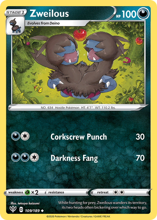Zweilous (Darkness Ablaze SET) (Pokémon) (Stage 1) (Darkness) (HP: 100) (Uncommon) (PKM Darkness Ablaze SET-12)