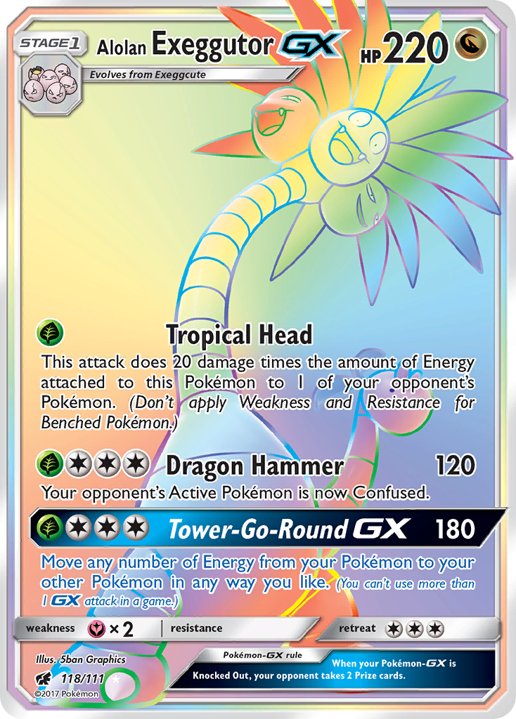 Alolan ExeggutorGX (Crimson Invasion SET) (Pokémon) (Stage 1, GX) (Dragon) (HP: 220) (Rare Rainbow) (PKM Crimson Invasion SET-22)