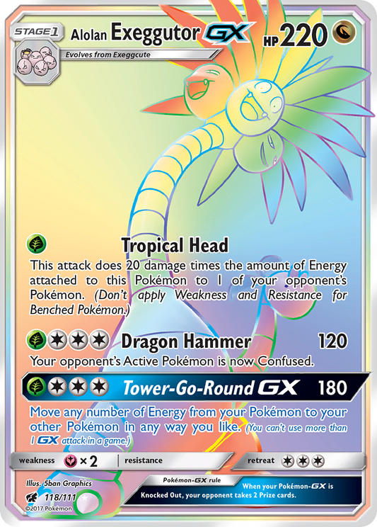 Alolan ExeggutorGX (Crimson Invasion SET) (Pokémon) (Stage 1, GX) (Dragon) (HP: 220) (Rare Rainbow) (PKM Crimson Invasion SET-22)
