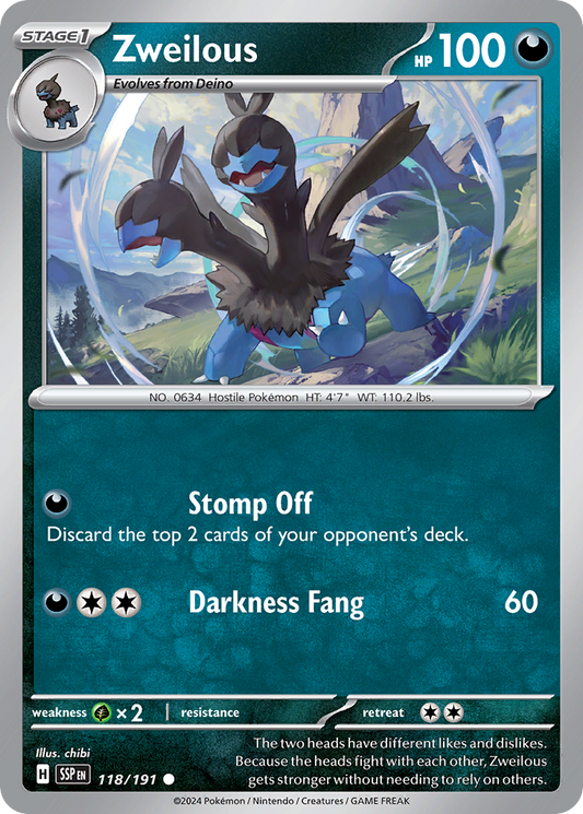 Zweilous (Surging Sparks SET) (Pokémon) (Stage 1) (Darkness) (HP: 100) (Common) (PKM Surging Sparks SET-22)