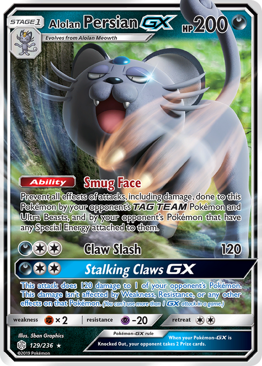 Alolan PersianGX (Cosmic Eclipse SET) (Pokémon) (Stage 1, GX) (Darkness) (HP: 200) (Rare Holo GX) (PKM Cosmic Eclipse SET-34)