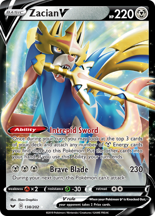 Zacian V (Sword & Shield SET) (Pokémon) (Basic, V) (Metal) (HP: 220) (Rare Holo V) (PKM Sword & Shield SET-44)