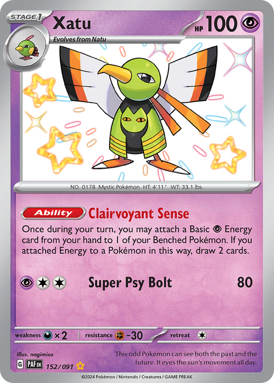 Xatu (Paldean Fates SET) (Pokémon) (Stage 1) (Psychic) (HP: 100) (Shiny Rare) (PKM Paldean Fates SET-60)