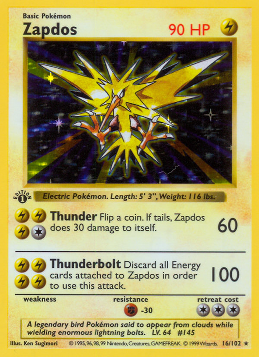 Zapdos (Base SET) (Pokémon) (Basic) (Lightning) (HP: 90) (Rare Holo) (PKM Base SET-11)