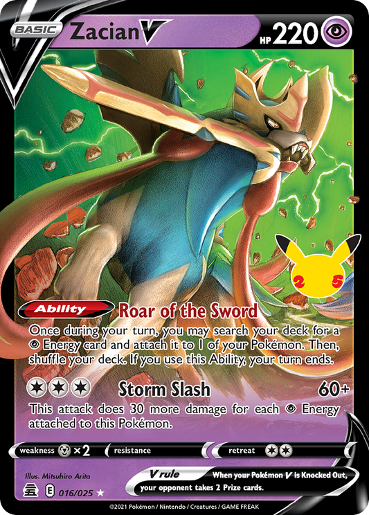 Zacian V (Celebrations SET) (Pokémon) (Basic, V) (Psychic) (HP: 220) (Rare Holo V) (PKM Celebrations SET-8)