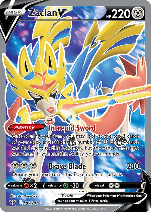 Zacian V (Sword & Shield SET) (Pokémon) (Basic, V) (Metal) (HP: 220) (Rare Ultra) (PKM Sword & Shield SET-107)