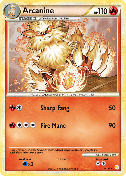 Arcanine (HeartGold & SoulSilver SET) (Pokémon) (Stage 1) (Fire) (HP: 110) (Rare Holo) (PKM HeartGold & SoulSilver SET-1)