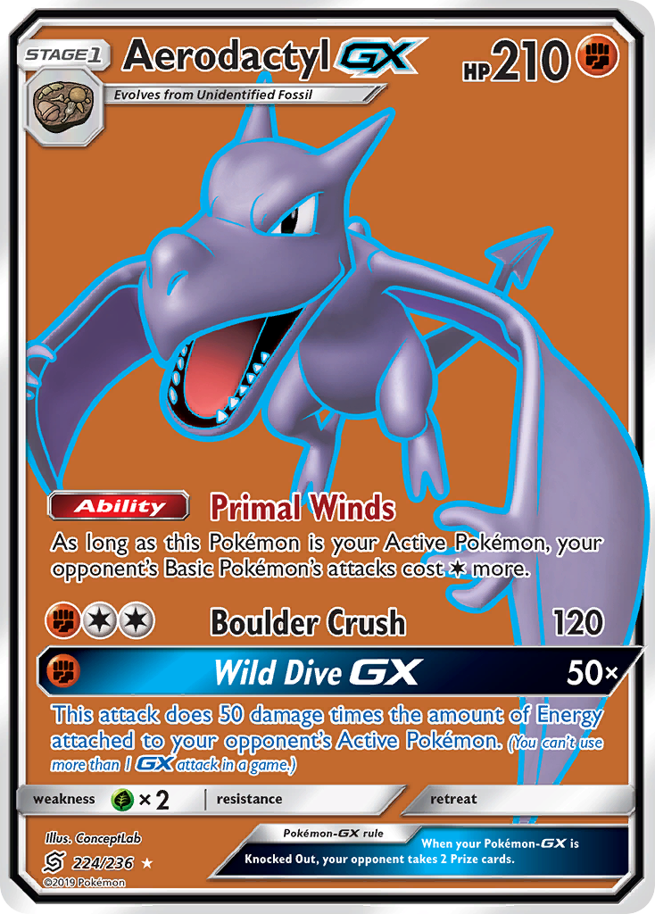 AerodactylGX (Unified Minds SET) (Pokémon) (Stage 1, GX) (Fighting) (HP: 210) (Rare Ultra) (PKM Unified Minds SET-142)