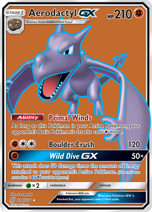 AerodactylGX (Unified Minds SET) (Pokémon) (Stage 1, GX) (Fighting) (HP: 210) (Rare Ultra) (PKM Unified Minds SET-142)