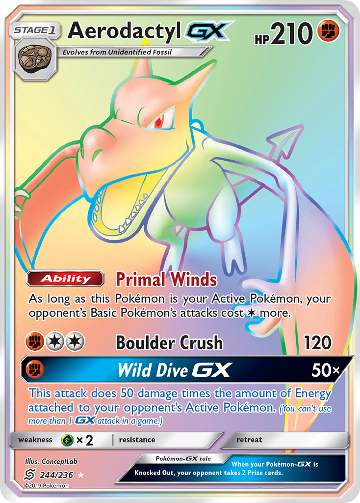AerodactylGX (Unified Minds SET) (Pokémon) (Stage 1, GX) (Fighting) (HP: 210) (Rare Rainbow) (PKM Unified Minds SET-164)