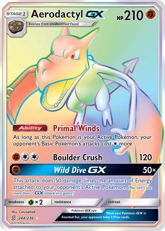 AerodactylGX (Unified Minds SET) (Pokémon) (Stage 1, GX) (Fighting) (HP: 210) (Rare Rainbow) (PKM Unified Minds SET-164)