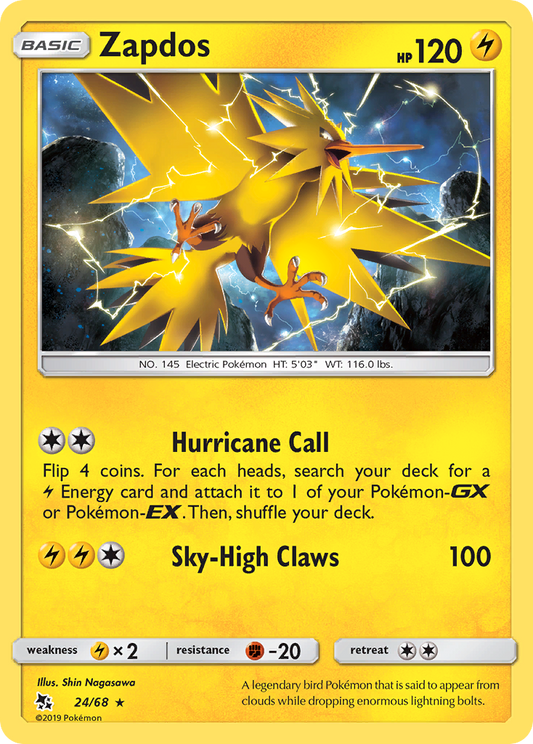 Zapdos (Hidden Fates SET) (Pokémon) (Basic) (Lightning) (HP: 120) (Rare Holo) (PKM Hidden Fates SET-17)
