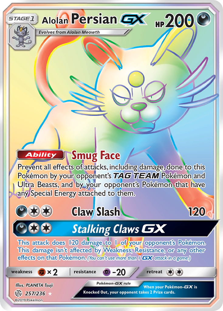 Alolan PersianGX (Cosmic Eclipse SET) (Pokémon) (Stage 1, GX) (Darkness) (HP: 200) (Rare Rainbow) (PKM Cosmic Eclipse SET-177)