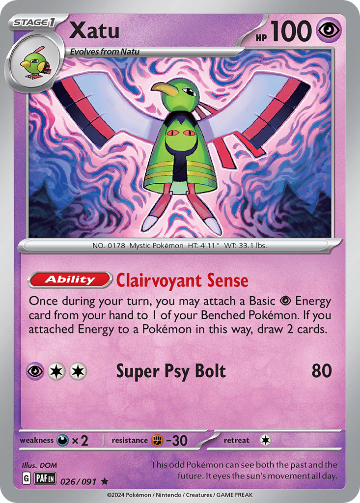 Xatu (Paldean Fates SET) (Pokémon) (Stage 1) (Psychic) (HP: 100) (Rare) (PKM Paldean Fates SET-165)