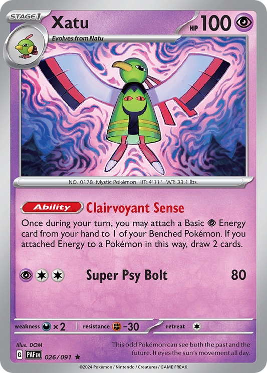 Xatu (Paldean Fates SET) (Pokémon) (Stage 1) (Psychic) (HP: 100) (Rare) (PKM Paldean Fates SET-165)