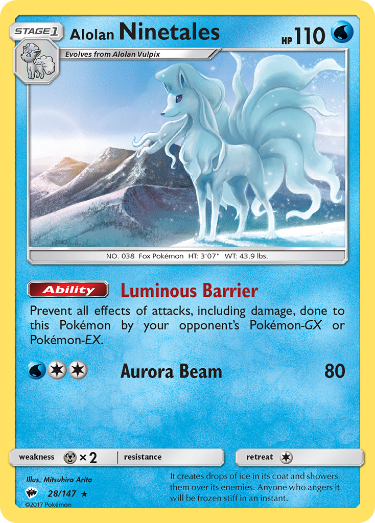 Alolan Ninetales (Burning Shadows SET) (Pokémon) (Stage 1) (Water) (HP: 110) (Rare) (PKM Burning Shadows SET-96)