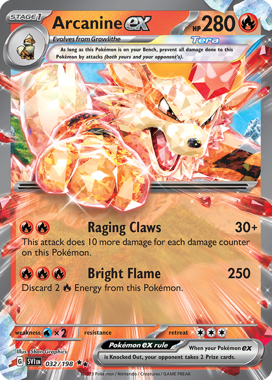 Arcanine ex (Scarlet & Violet SET) (Pokémon) (Stage 1, Tera, ex) (Fire) (HP: 280) (Double Rare) (PKM Scarlet & Violet SET-185)