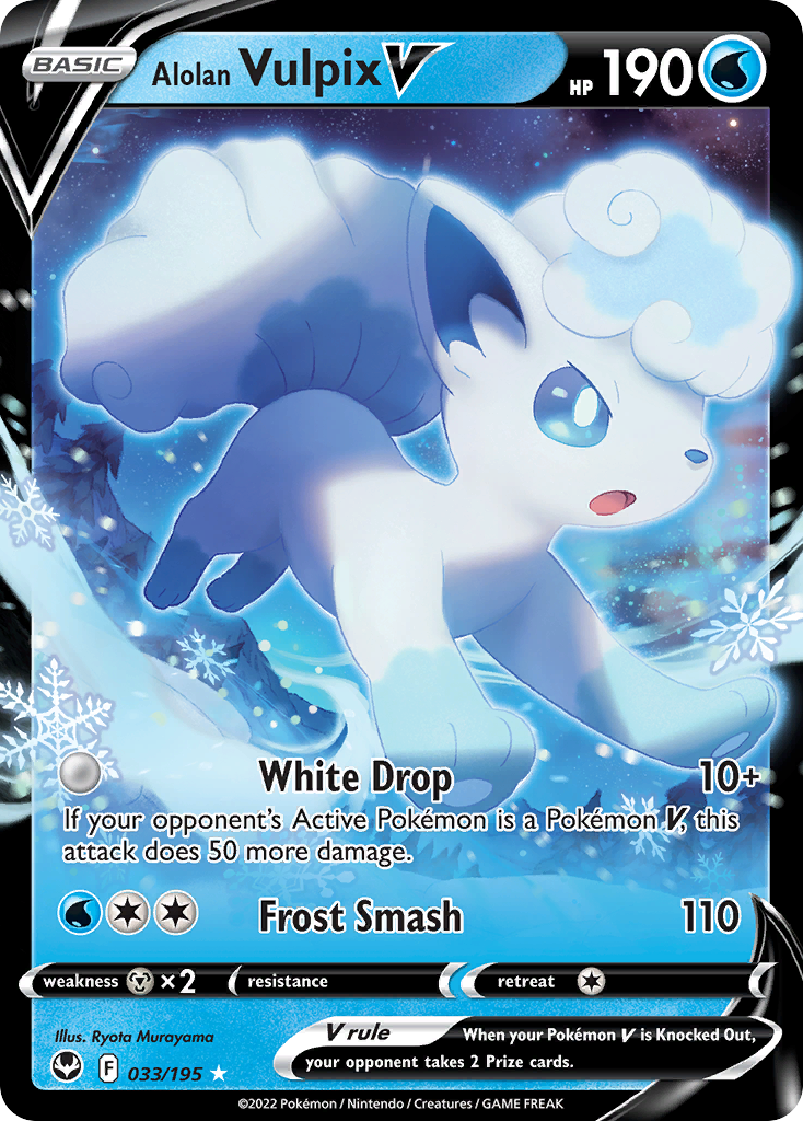Alolan Vulpix V (Silver Tempest SET) (Pokémon) (Basic, V) (Water) (HP: 190) (Rare Holo V) (PKM Silver Tempest SET-143)