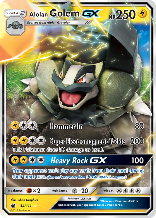 Alolan GolemGX (Crimson Invasion SET) (Pokémon) (Stage 2, GX) (Lightning) (HP: 250) (Rare Holo GX) (PKM Crimson Invasion SET-53)