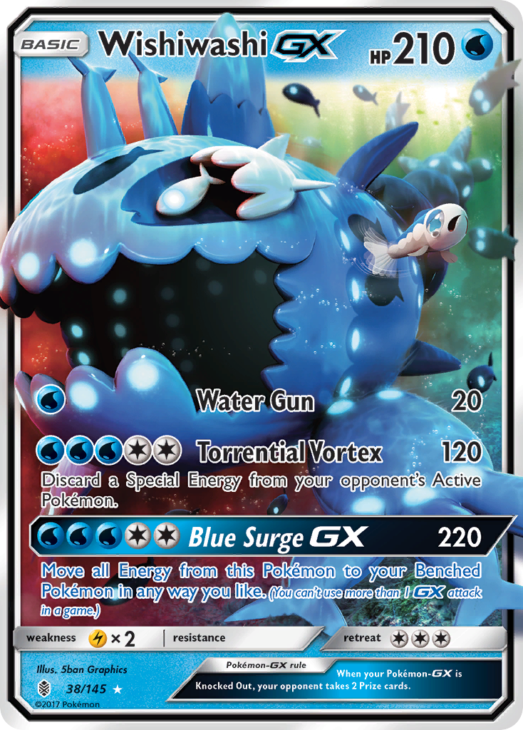 WishiwashiGX (Guardians Rising SET) (Pokémon) (Basic, GX) (Water) (HP: 210) (Rare Holo GX) (PKM Guardians Rising SET-110)