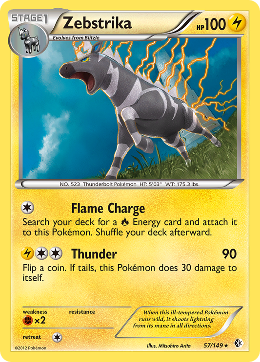 Zebstrika (Boundaries Crossed SET) (Pokémon) (Stage 1) (Lightning) (HP: 100) (Rare Holo) (PKM Boundaries Crossed SET-107)