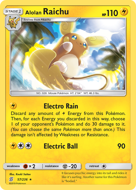 Alolan Raichu (Unified Minds SET) (Pokémon) (Stage 1) (Lightning) (HP: 110) (Rare Holo) (PKM Unified Minds SET-214)