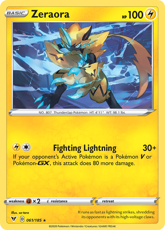 Zeraora (Vivid Voltage SET) (Pokémon) (Basic) (Lightning) (HP: 100) (Rare Holo) (PKM Vivid Voltage SET-162)