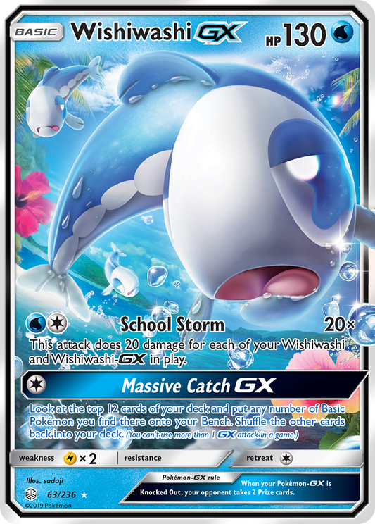 WishiwashiGX (Cosmic Eclipse SET) (Pokémon) (Basic, GX) (Water) (HP: 130) (Rare Holo GX) (PKM Cosmic Eclipse SET-233)