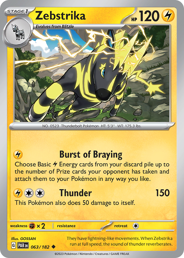 Zebstrika (Paradox Rift SET) (Pokémon) (Stage 1) (Lightning) (HP: 120) (Uncommon) (PKM Paradox Rift SET-227)