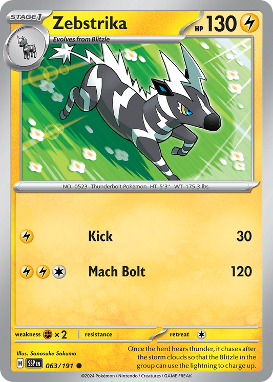 Zebstrika (Surging Sparks SET) (Pokémon) (Stage 1) (Lightning) (HP: 130) (Common) (PKM Surging Sparks SET-213)
