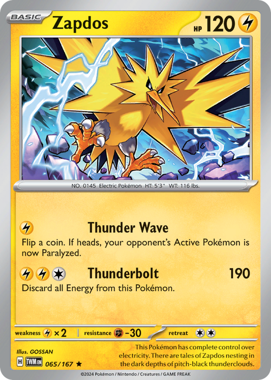 Zapdos (Twilight Masquerade SET) (Pokémon) (Basic) (Lightning) (HP: 120) (Rare) (PKM Twilight Masquerade SET-189)