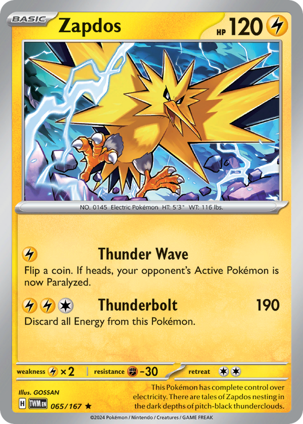 Zapdos (Twilight Masquerade SET) (Pokémon) (Basic) (Lightning) (HP: 120) (Rare) (PKM Twilight Masquerade SET-189)