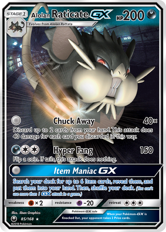 Alolan RaticateGX (Celestial Storm SET) (Pokémon) (Stage 1, GX) (Darkness) (HP: 200) (Rare Holo GX) (PKM Celestial Storm SET-172)